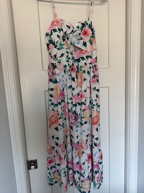 SHEIN White Floral Midi Dress with Pink & Peach Blooms